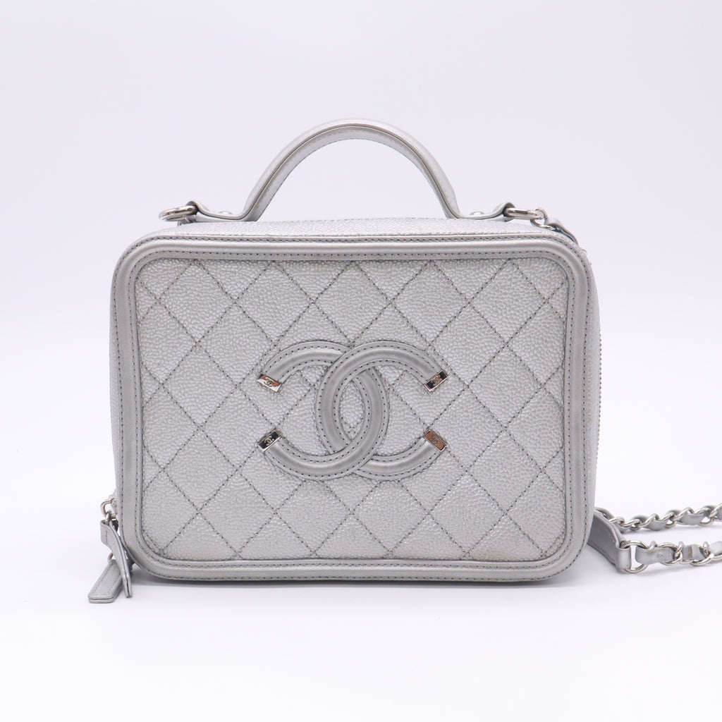 Chanel Metallic Silver Quilted Caviar CC Filigree Vanity Case Small Bag B23260
