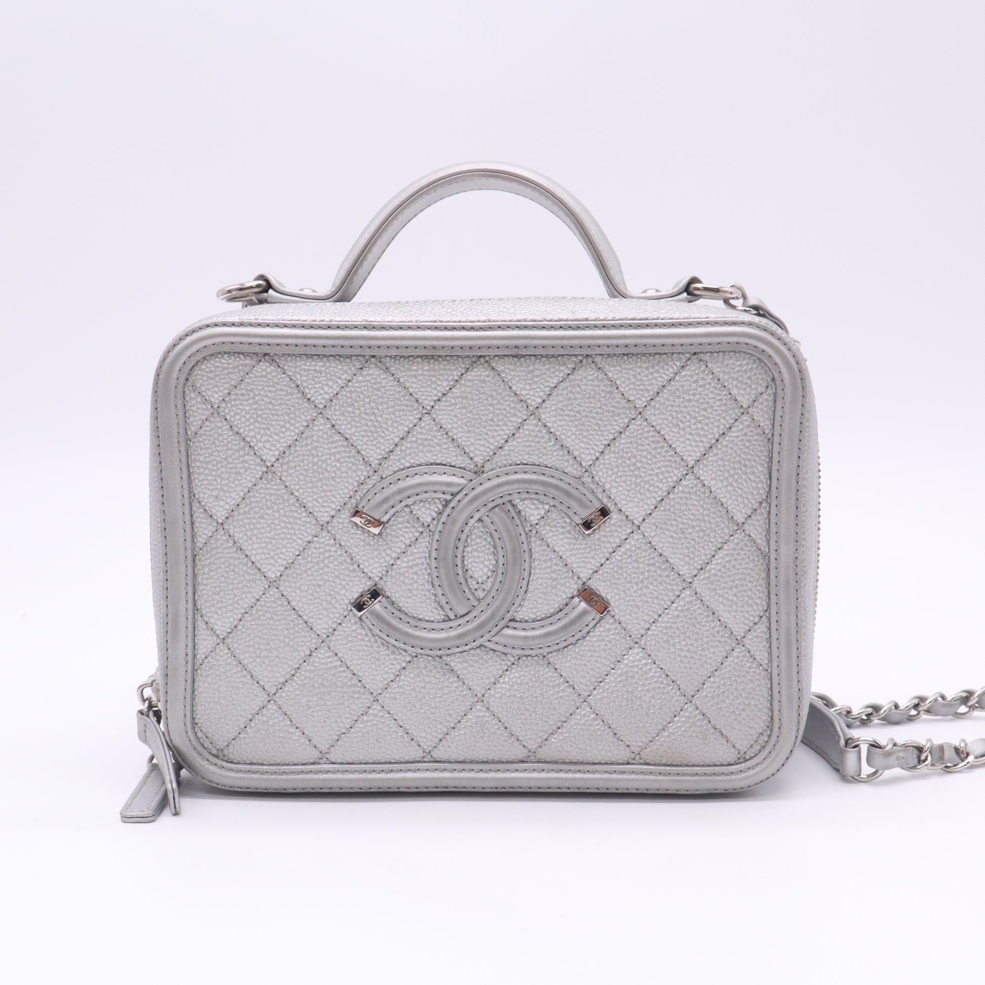 Chanel Metallic Silver Quilted Caviar CC Filigree Vanity Case Small Bag B23260