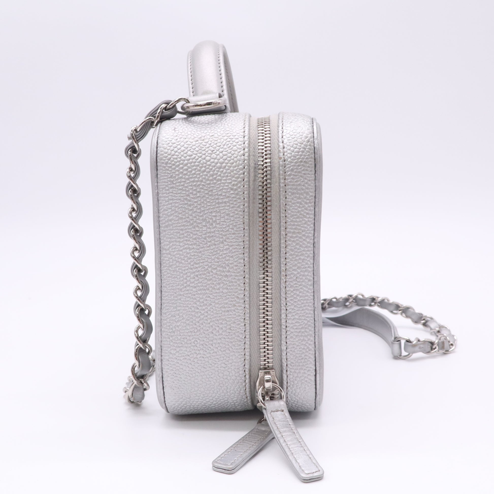 Chanel Metallic Silver Quilted Caviar CC Filigree Vanity Case Small Bag B23260