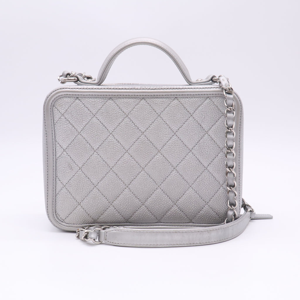 Chanel Metallic Silver Quilted Caviar CC Filigree Vanity Case Small Bag B23260