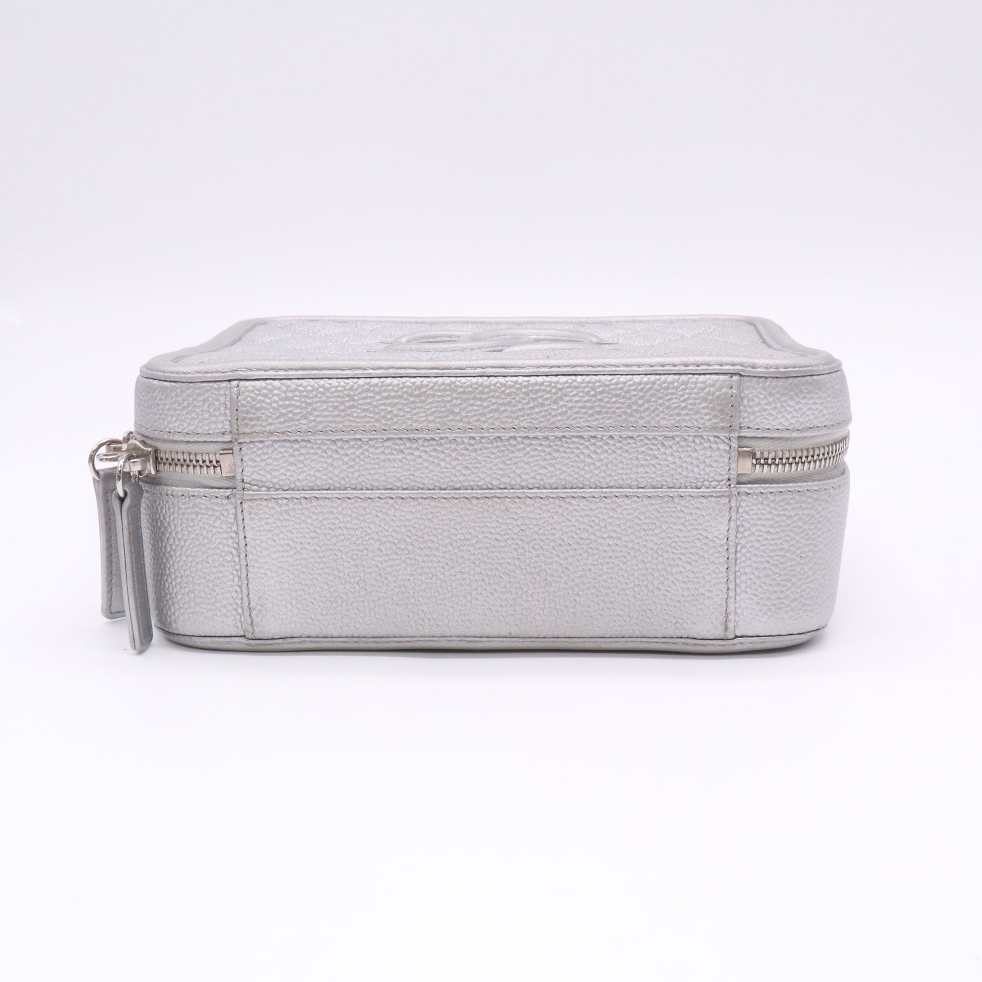 Chanel Metallic Silver Quilted Caviar CC Filigree Vanity Case Small Bag B23260