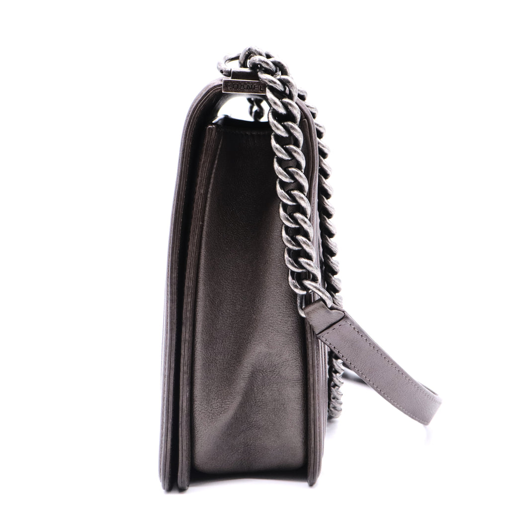 Taupe Quilted Calfskin Leather Large Boy Bag