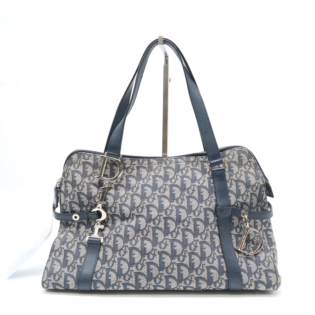 Christian Dior Trotter Canvas Charms Boston Bag Navy Silver Hardware twins LDJ4369