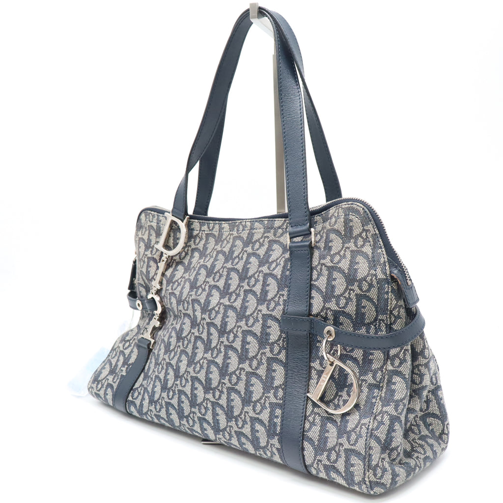 Christian Dior Trotter Canvas Charms Boston Bag Navy Silver Hardware twins LDJ4369