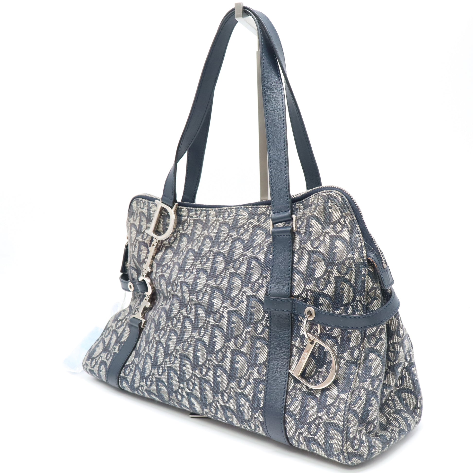 Christian Dior Trotter Canvas Charms Boston Bag Navy Silver Hardware twins LDJ4369
