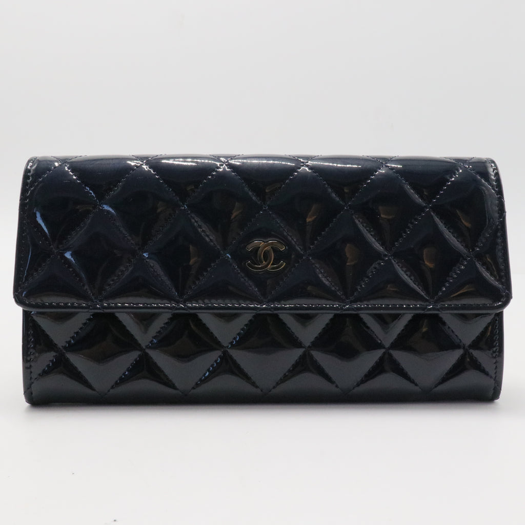 Patent Quilted Large Flap Wallet Navy