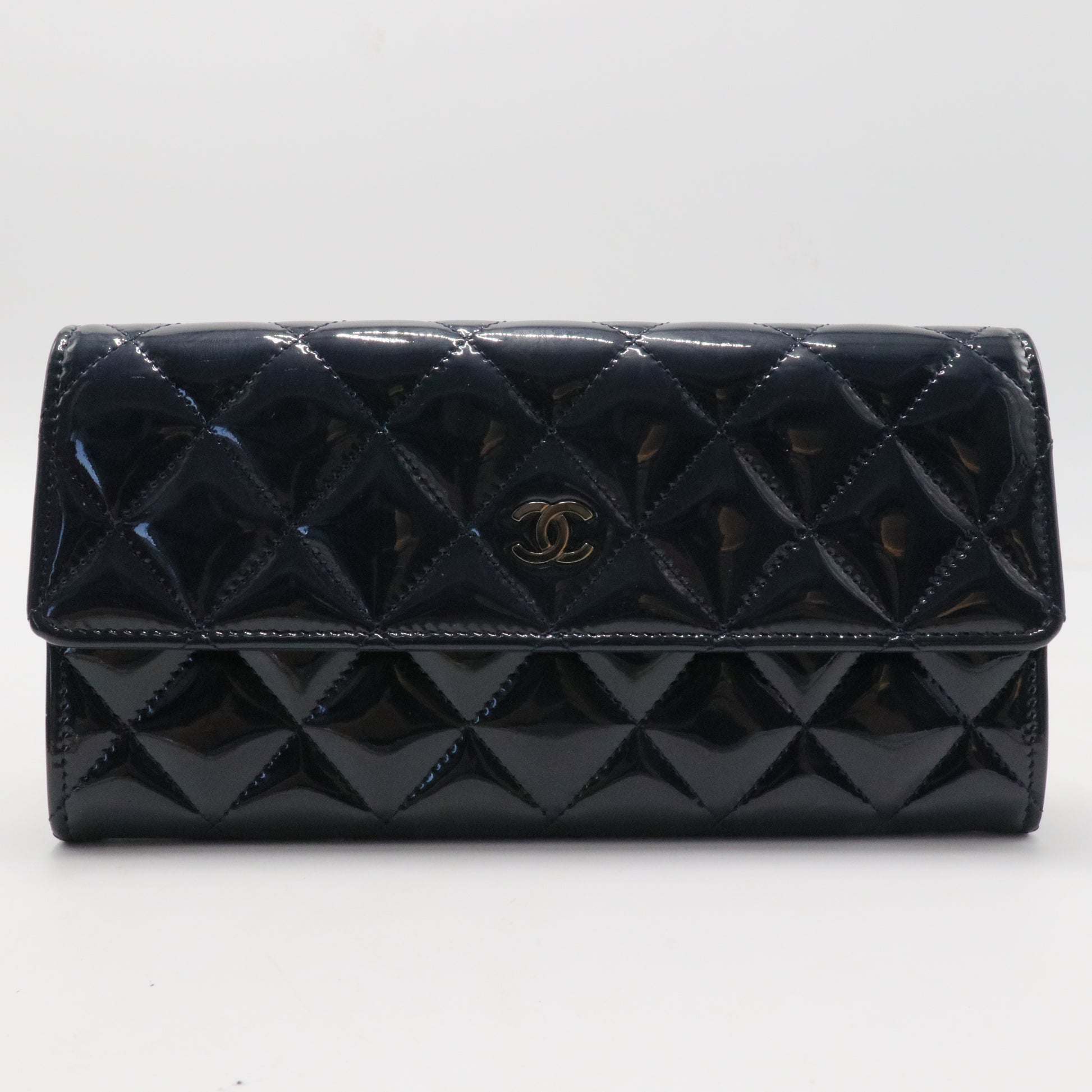Patent Quilted Large Flap Wallet Navy