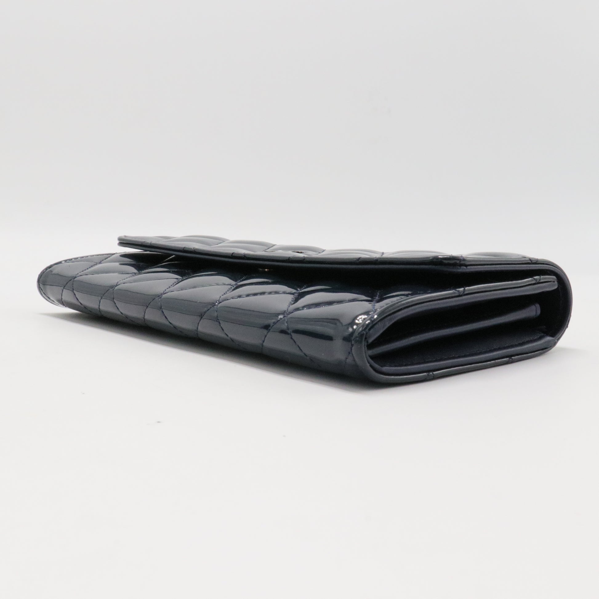 Patent Quilted Large Flap Wallet Navy