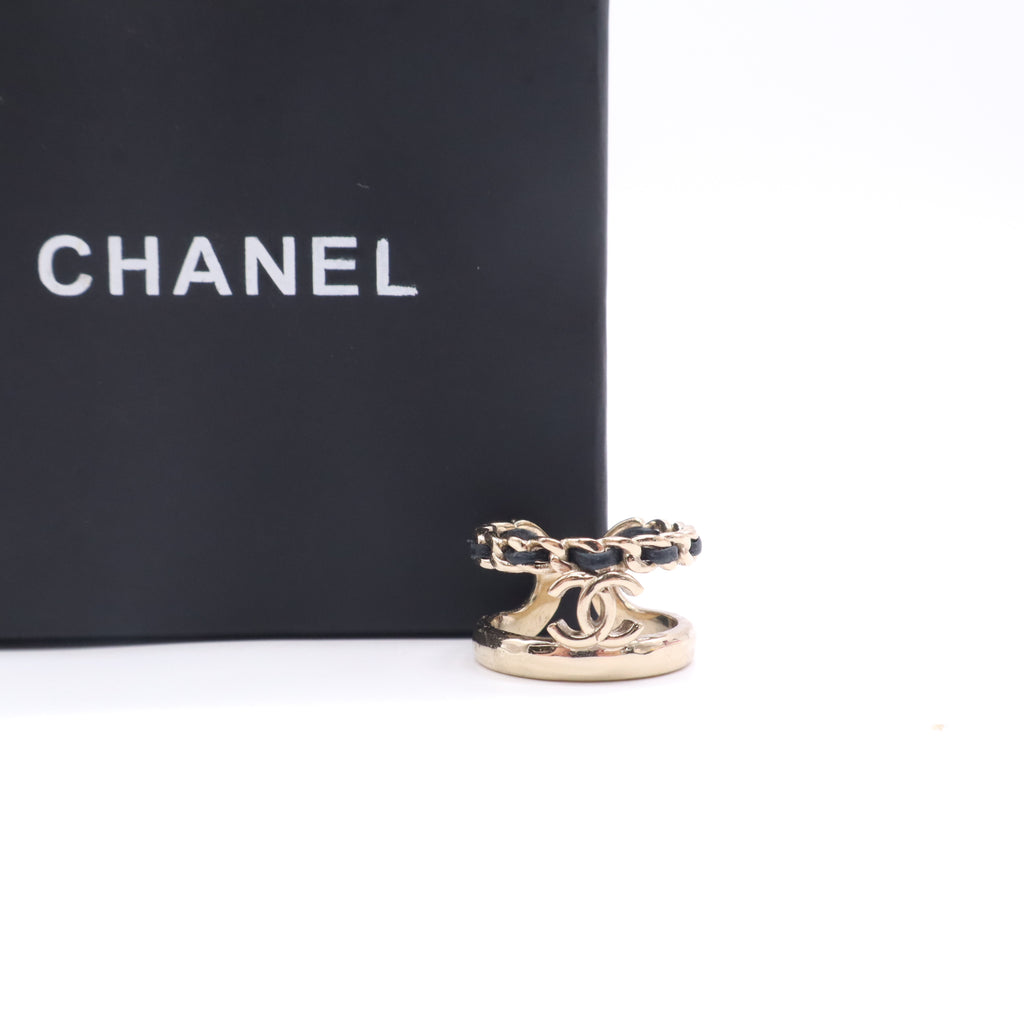 Chanel Metal Crystal Lambskin CC Ring Gold Black Twins LDJ5077