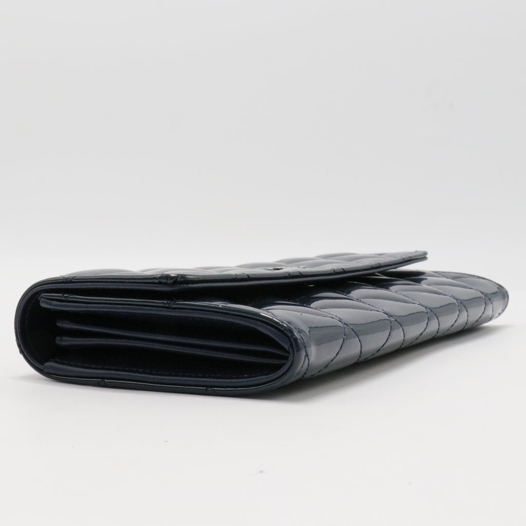 Patent Quilted Large Flap Wallet Navy