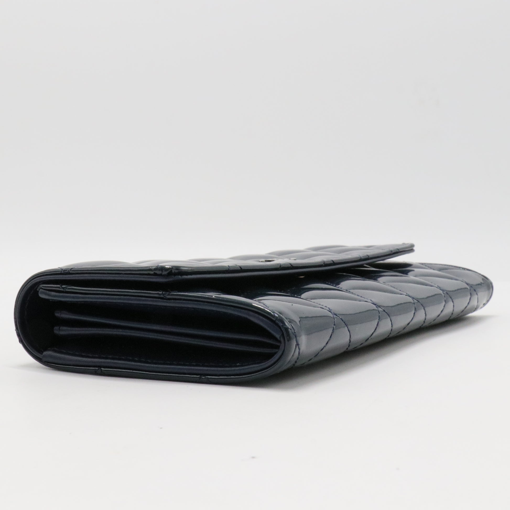 Patent Quilted Large Flap Wallet Navy