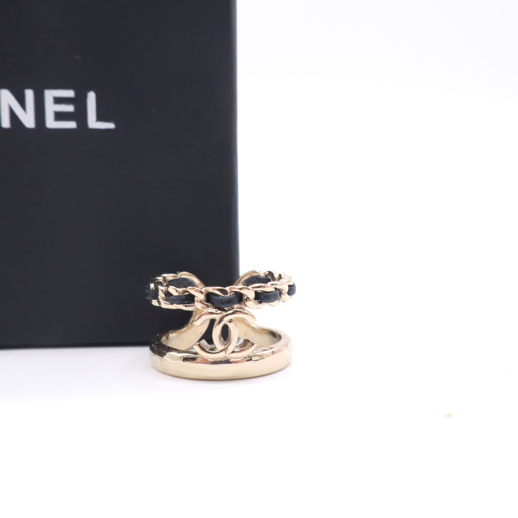 Chanel Metal Crystal Lambskin CC Ring Gold Black Twins LDJ5077