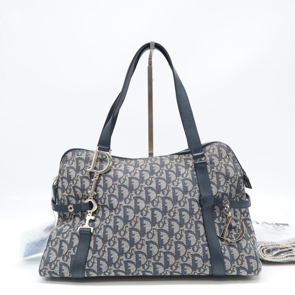 Christian Dior Trotter Canvas Charms Boston Bag Navy Silver Hardware twins LDJ4369