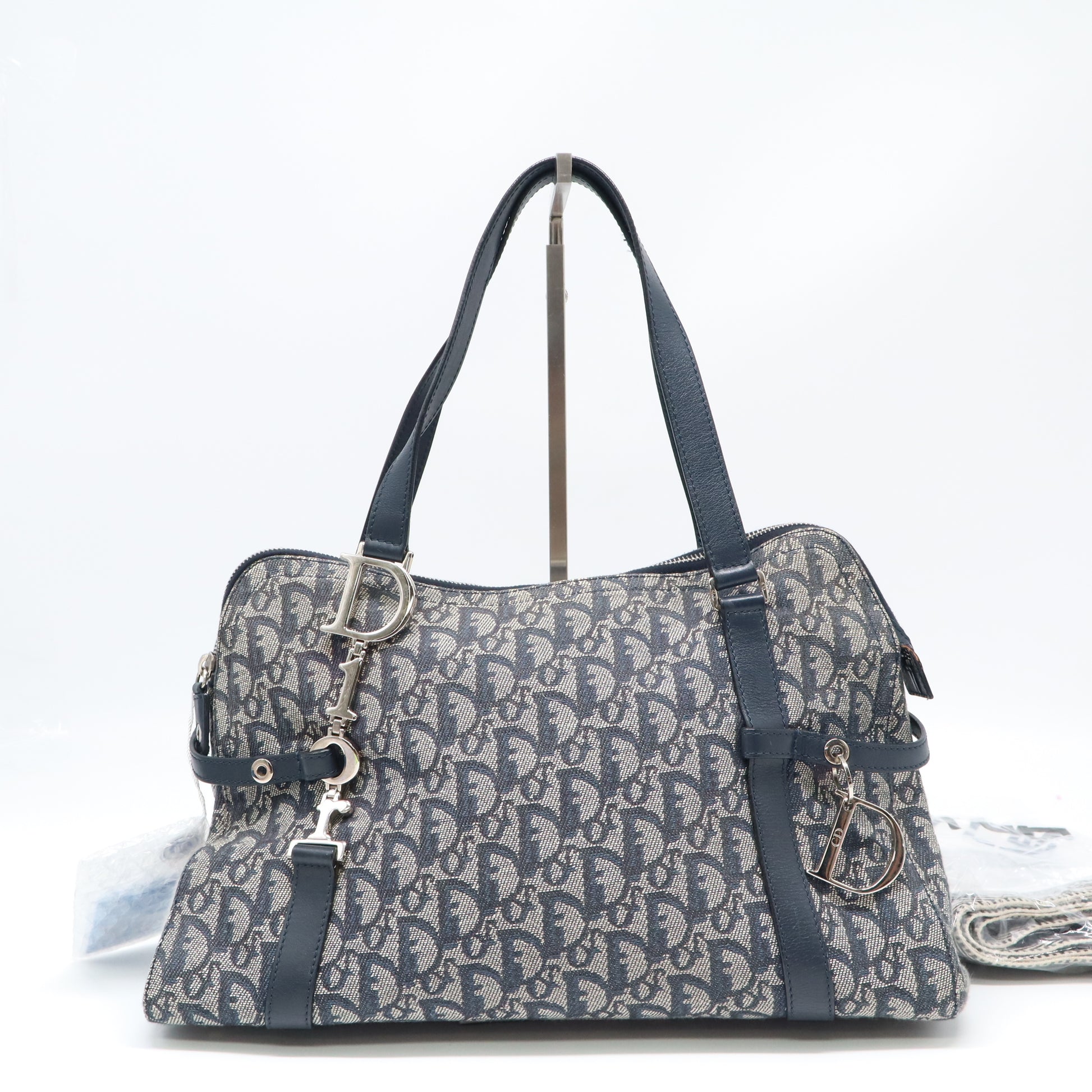 Christian Dior Trotter Canvas Charms Boston Bag Navy Silver Hardware twins LDJ4369