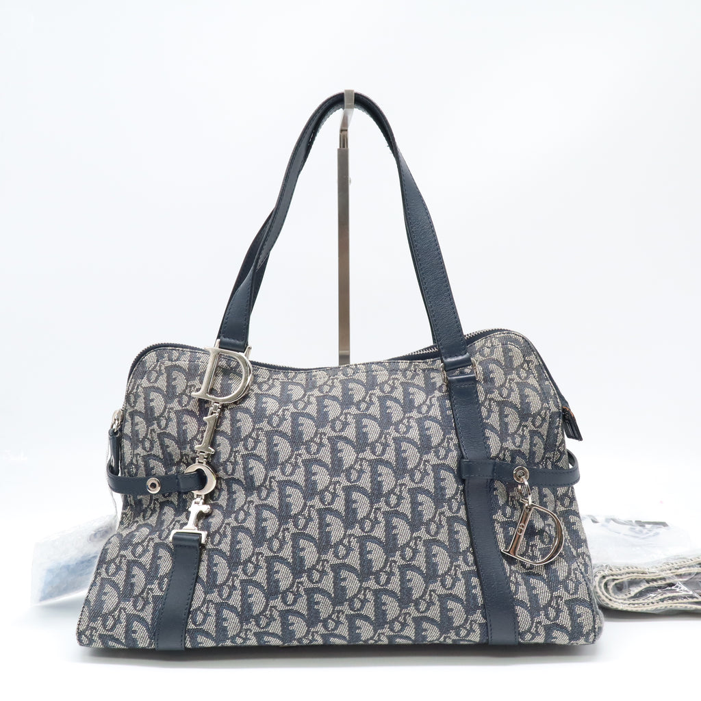 Christian Dior Trotter Canvas Charms Boston Bag Navy Silver Hardware twins LDJ4369