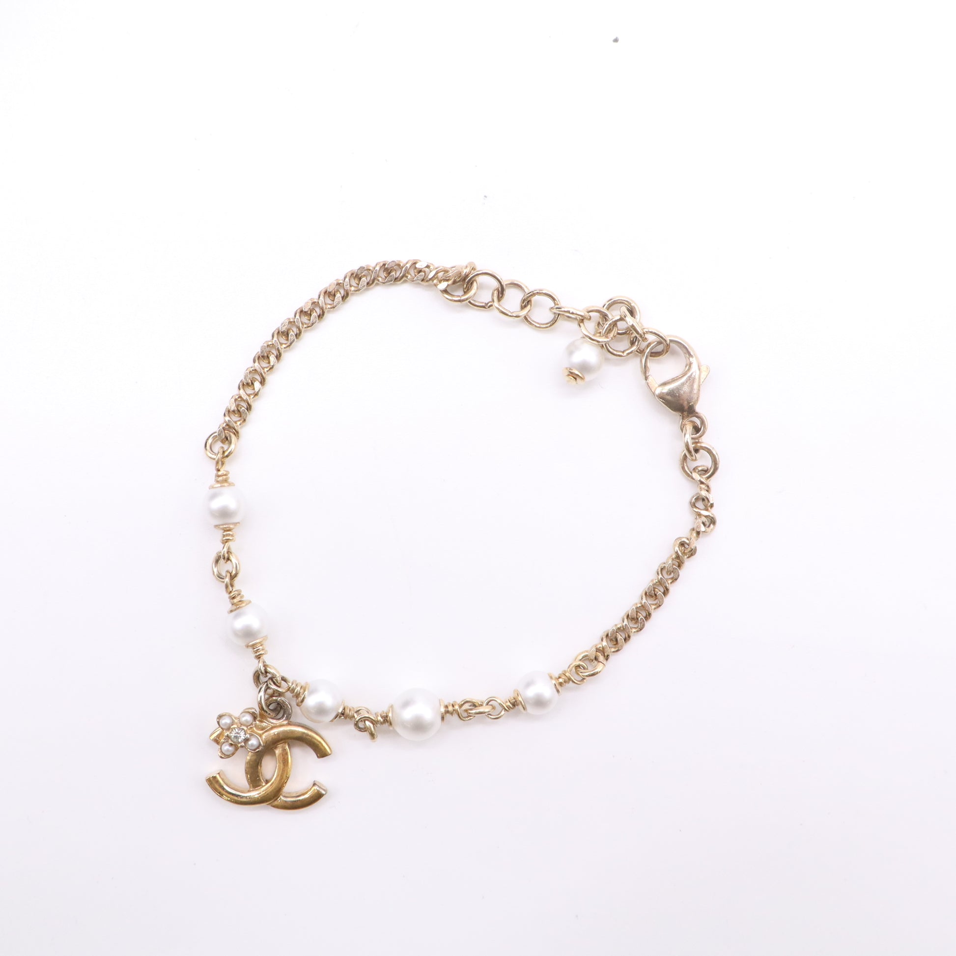 Chanel Goldtone Metal and Glass Pearl CC Bracelet twins LDJ5074