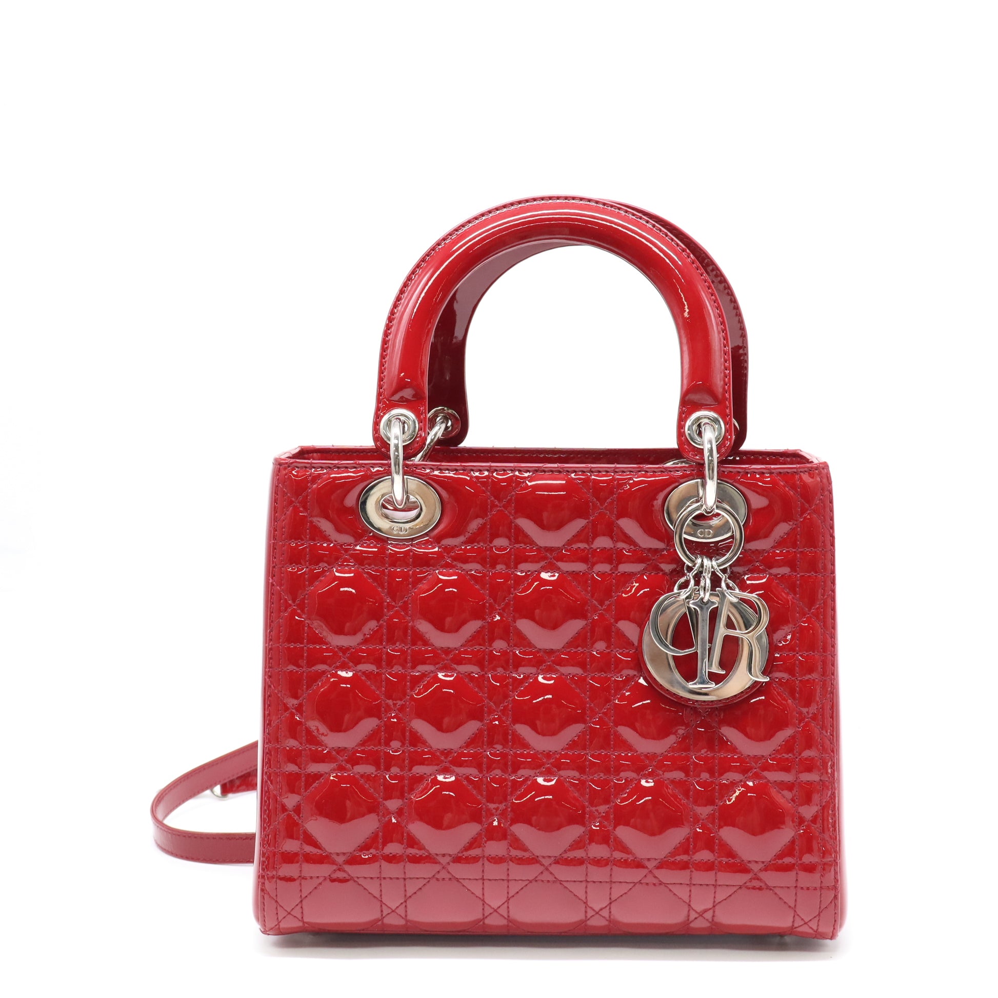 Christian Dior Red Cannage Quilted Patent Leather Medium Lady Dior Bag twins LDJ4412
