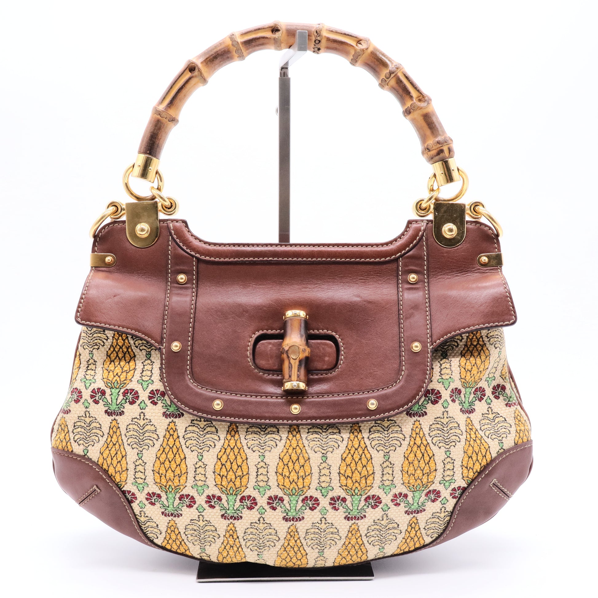 Canvas Pigna Print Peggy Bamboo Top Handle Bag Brown