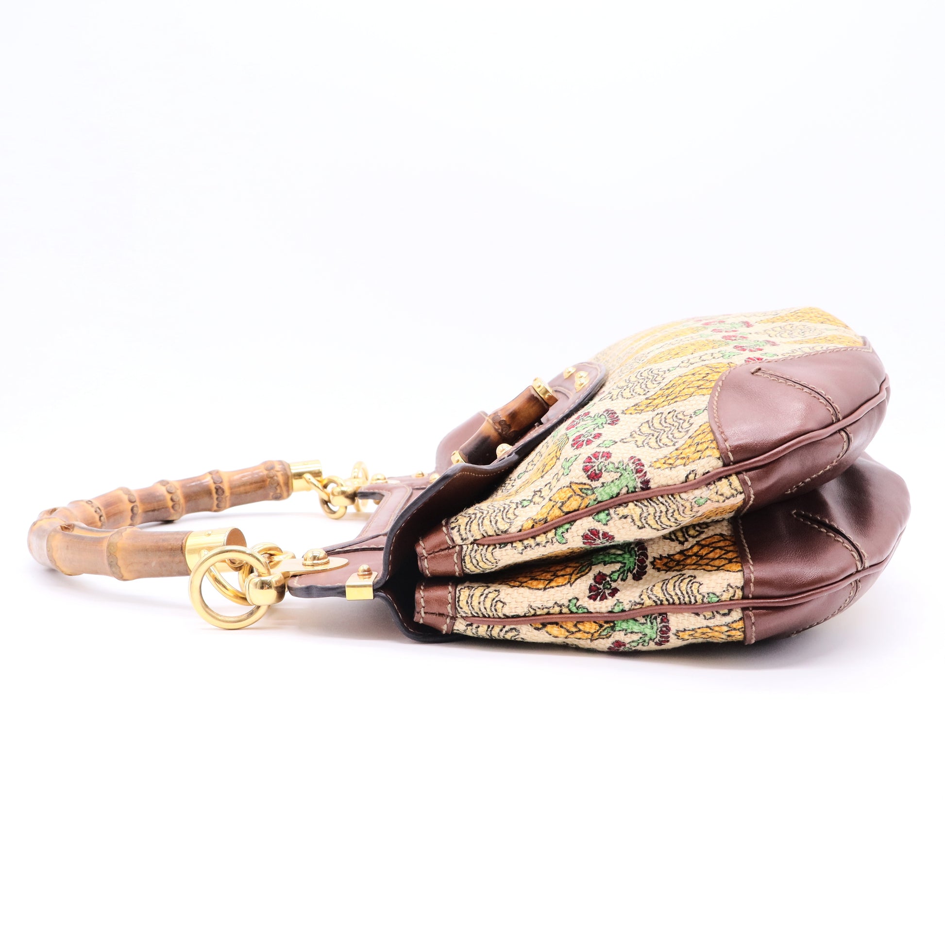 Canvas Pigna Print Peggy Bamboo Top Handle Bag Brown