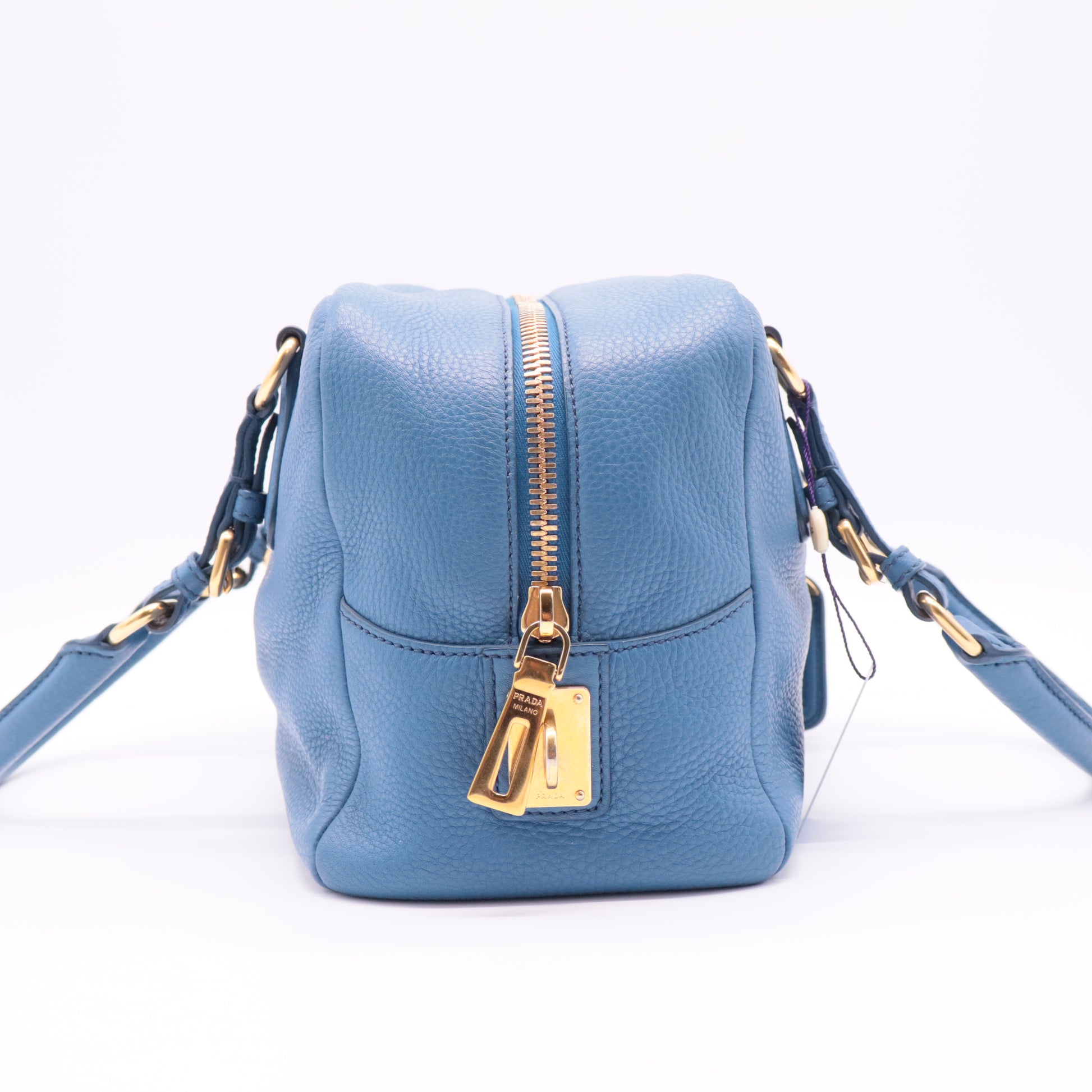 Vitello Daino Leather Bowler Bag Blue twins