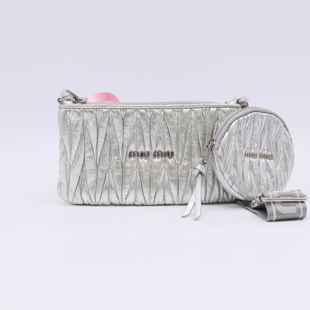 Miu Miu Metallic Nappa Matelasse Quilted Zip Wallet 2in1 Silver twins LDJ5056