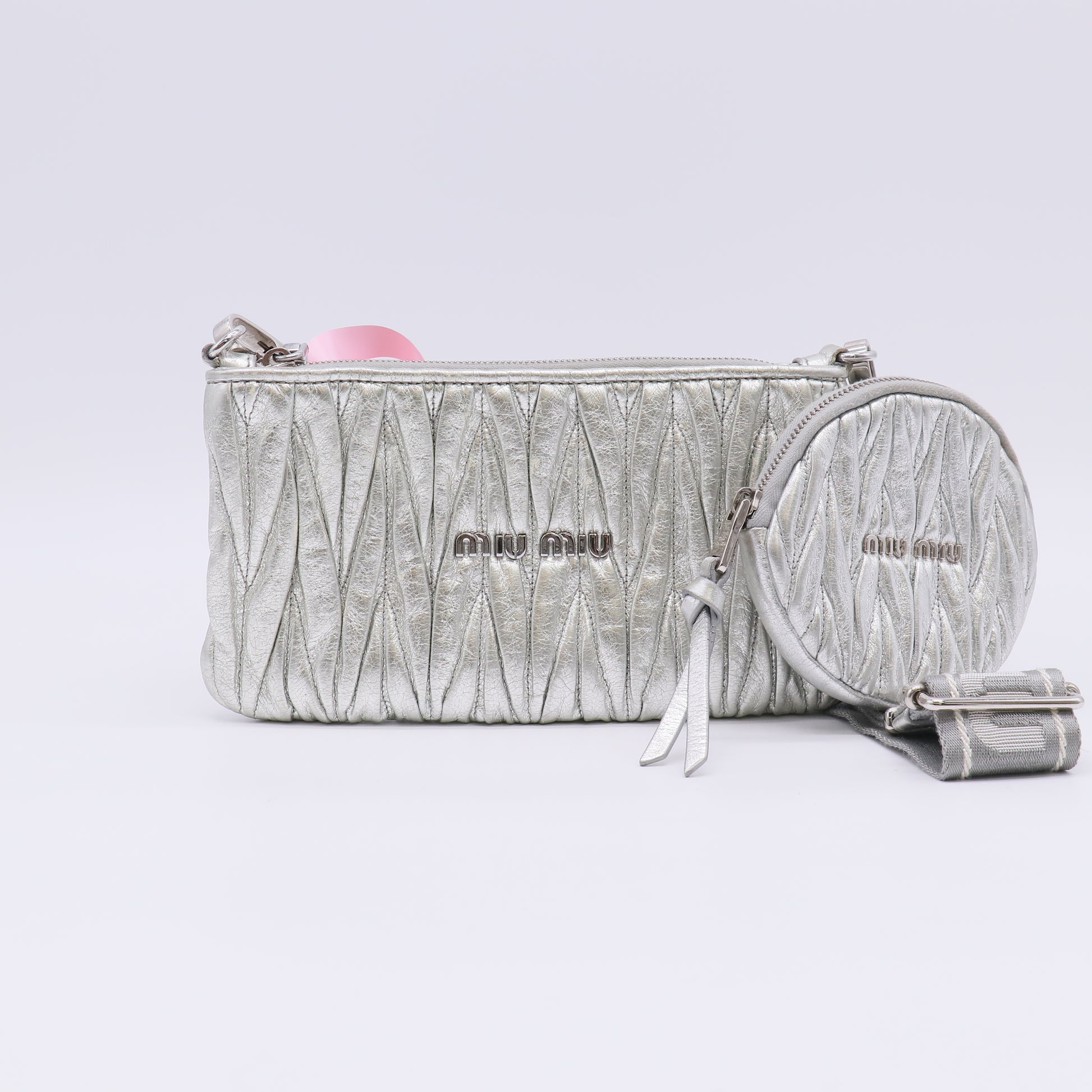 Miu Miu Metallic Nappa Matelasse Quilted Zip Wallet 2in1 Silver twins LDJ5056