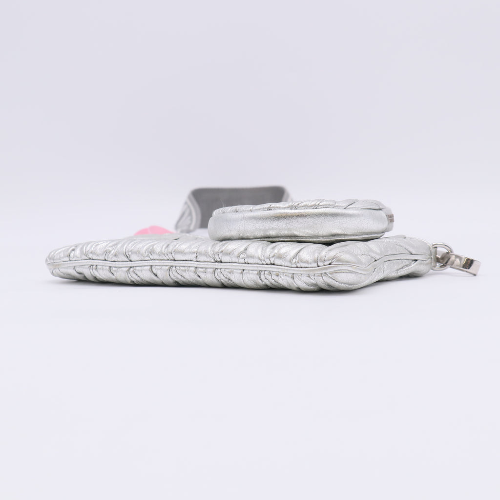 Miu Miu Metallic Nappa Matelasse Quilted Zip Wallet 2in1 Silver twins LDJ5056
