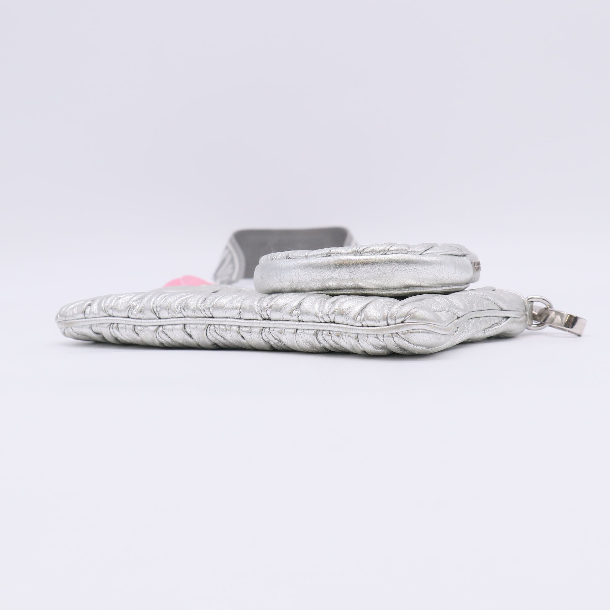 Miu Miu Metallic Nappa Matelasse Quilted Zip Wallet 2in1 Silver twins LDJ5056