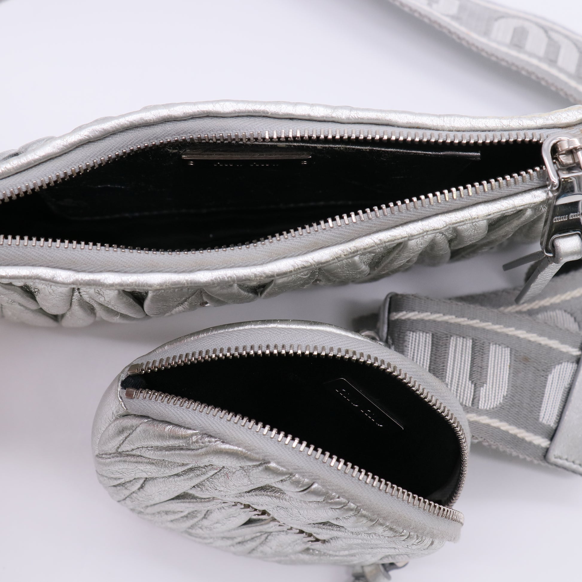 Miu Miu Metallic Nappa Matelasse Quilted Zip Wallet 2in1 Silver twins LDJ5056