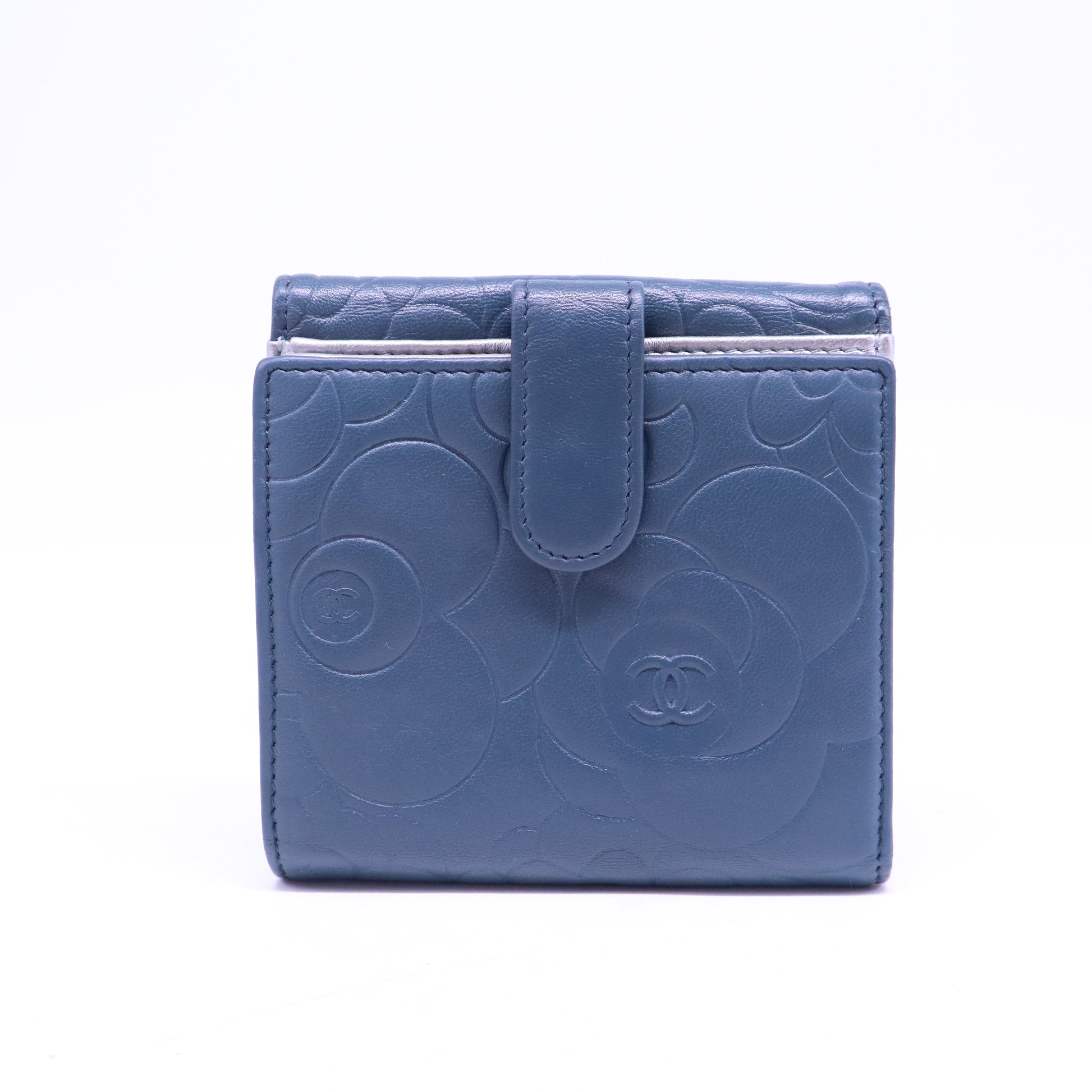 Lambskin Camellia Embossed Compact Wallet Blue W20771