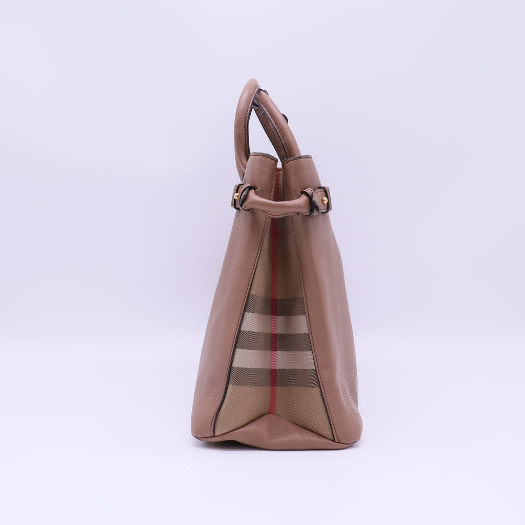 Banner Tote Leather and House Check Canvas Medium B22554