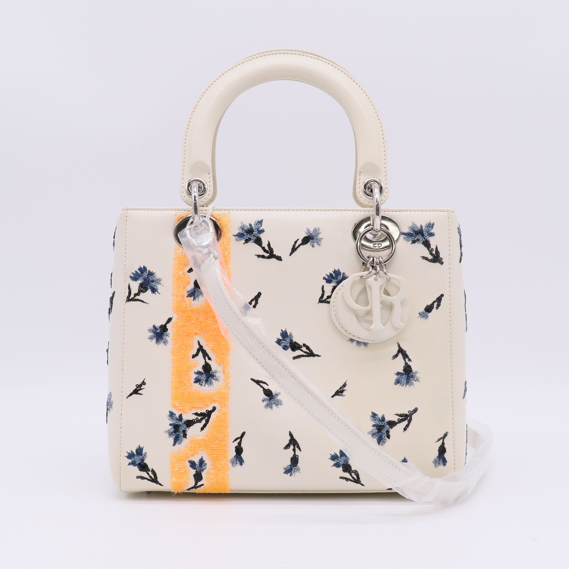 Christian Dior White Lambskin Leather Sequin Flower Medium Lady Dior Bag twins LDJ5057