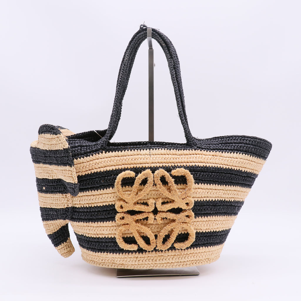 Loewe Raffia Striped Small Elephant Basket Tote Bag Natural Black Twins LDZ1020