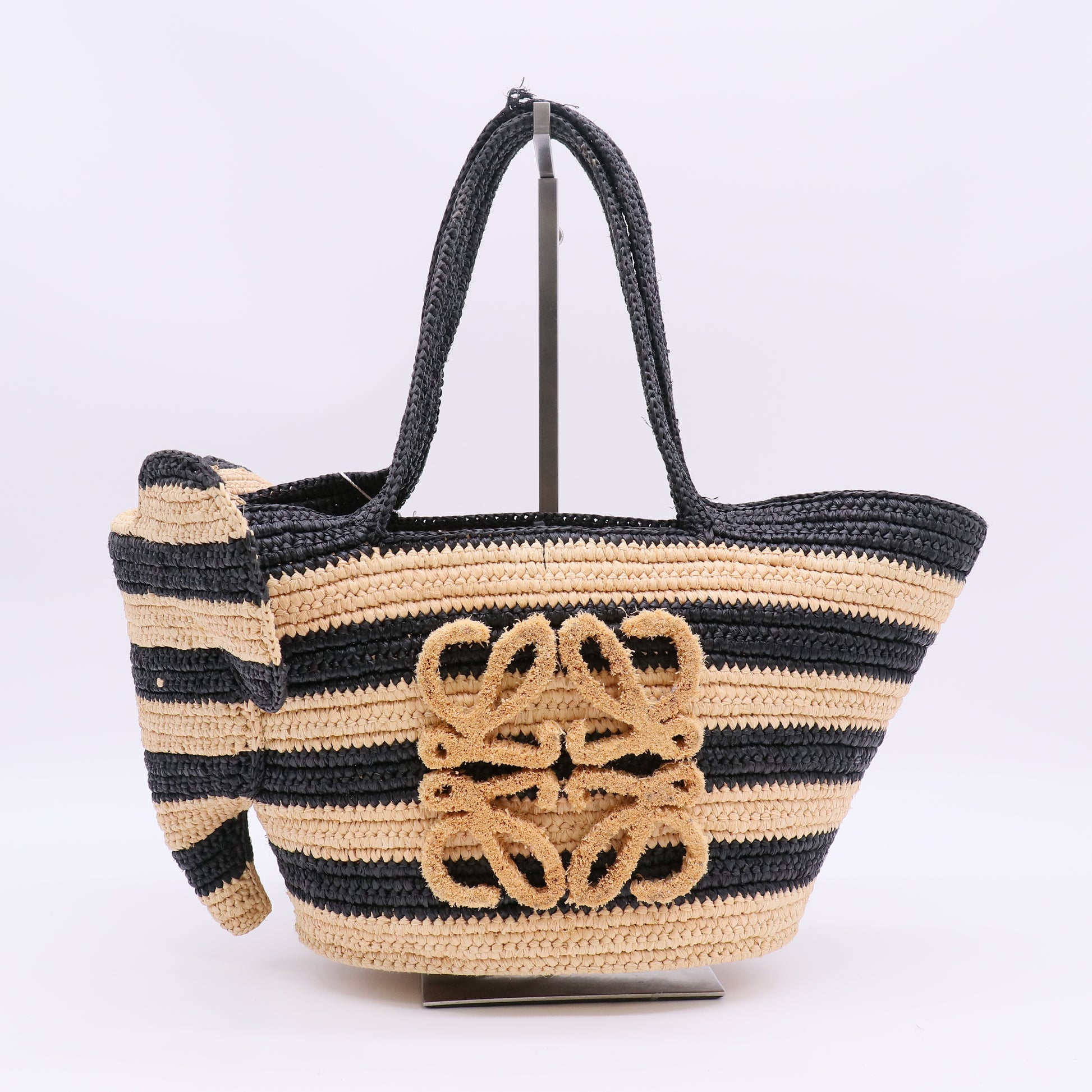 Loewe Raffia Striped Small Elephant Basket Tote Bag Natural Black Twins LDZ1020