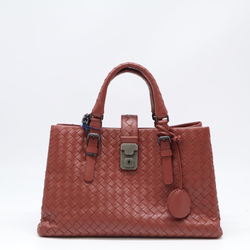 Bottega Veneta Dark Red Intrecciato Woven Calfskin Leather Small Roma Tote Bag  twins LDJ4401
