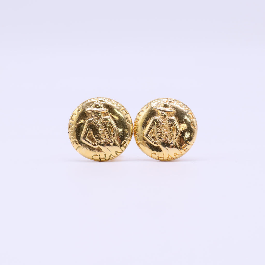 Chanel Vintage 1990s Coco Mademoiselle Portrait Button Clip-On Earrings W21893
