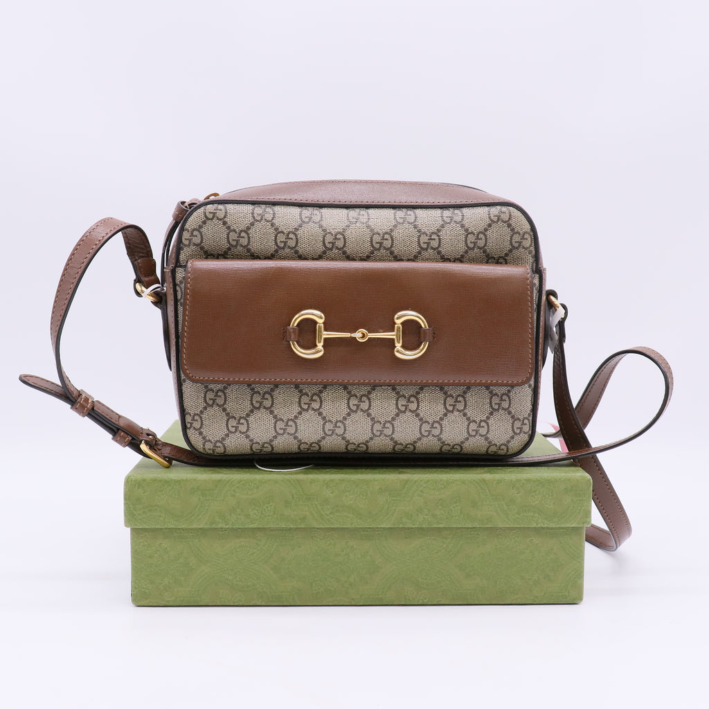 Gucci GG Supreme Monogram Small Horsebit 1955 Shoulder Bag Beige Brown Sugar twins LDJ5668