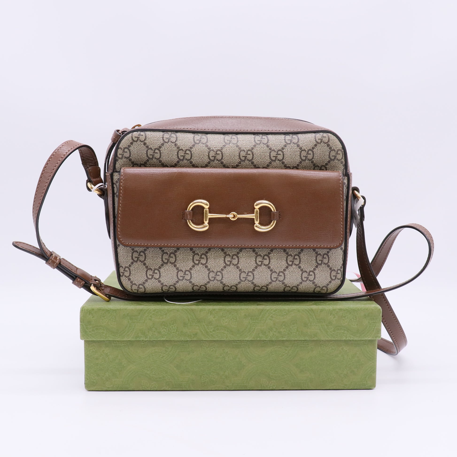 Gucci GG Supreme Monogram Small Horsebit 1955 Shoulder Bag Beige Brown Sugar twins LDJ5668