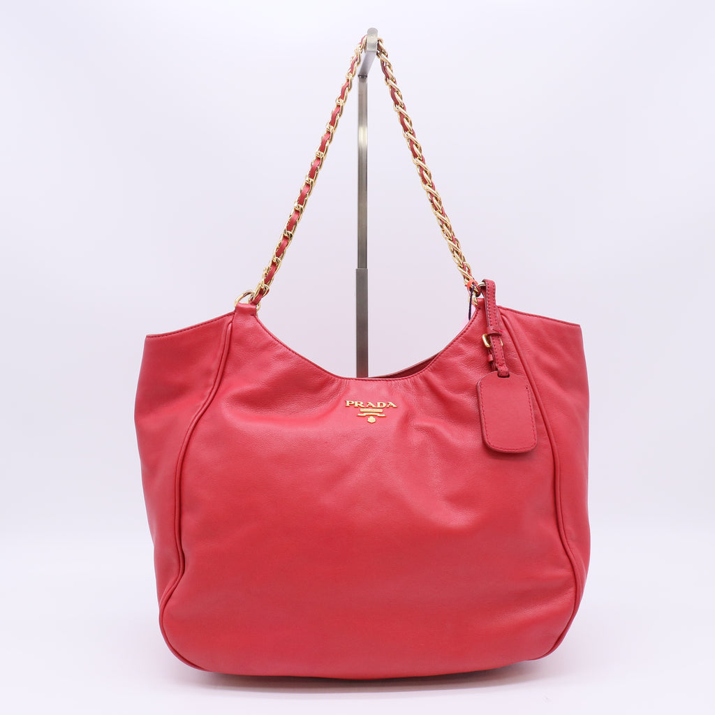 Prada Soft Calfskin Chain Tote Bag in Fuoco Red Twins LDJ5688