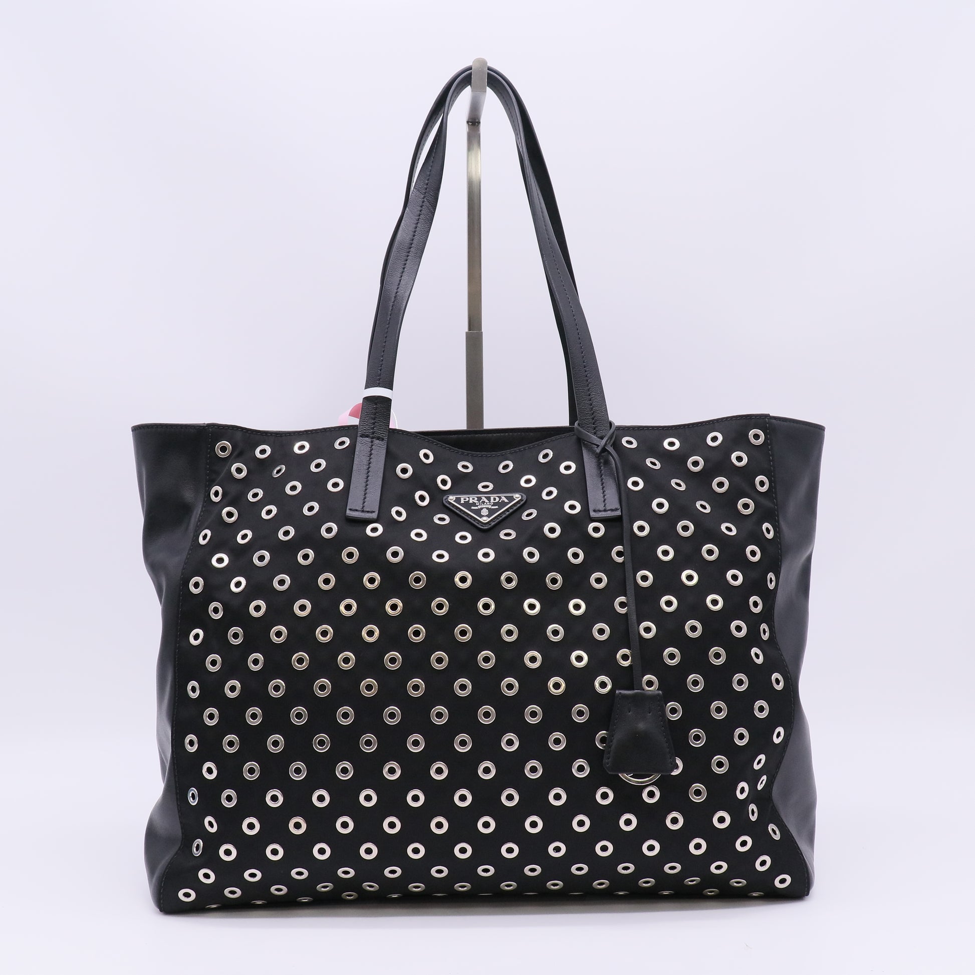 Prada Tessuto Nylon Calfskin Grommet Tote Black Twins LDJ5679