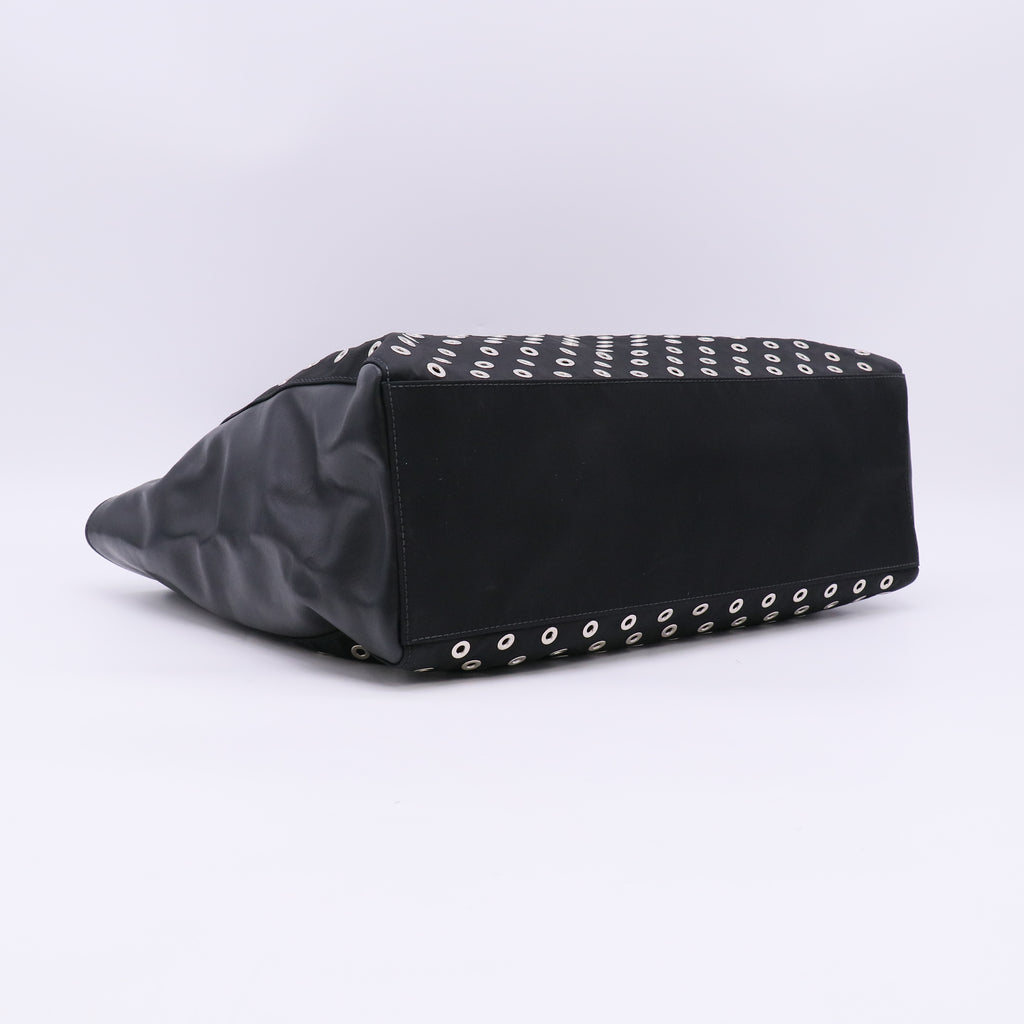 Prada Tessuto Nylon Calfskin Grommet Tote Black Twins LDJ5679