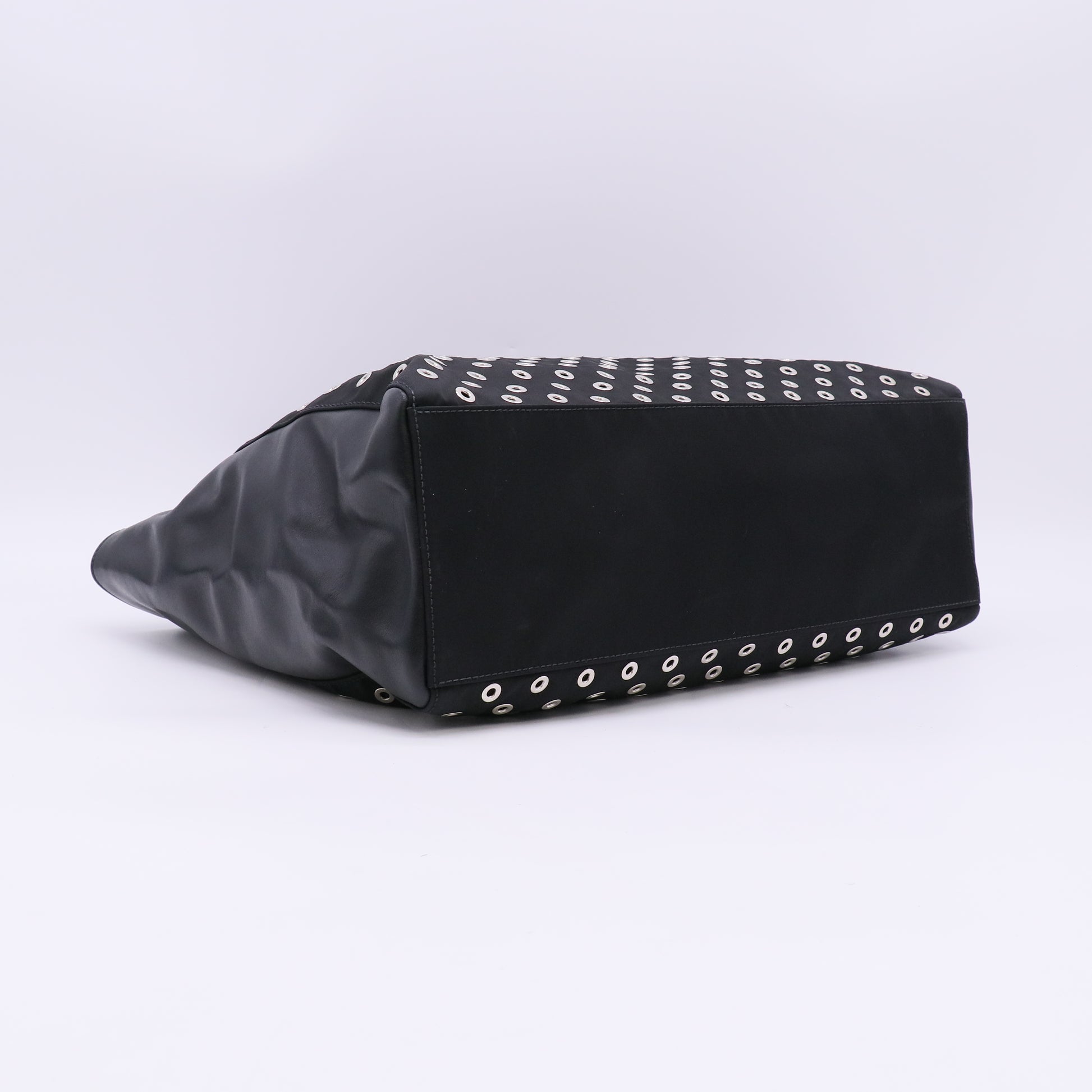 Prada Tessuto Nylon Calfskin Grommet Tote Black Twins LDJ5679