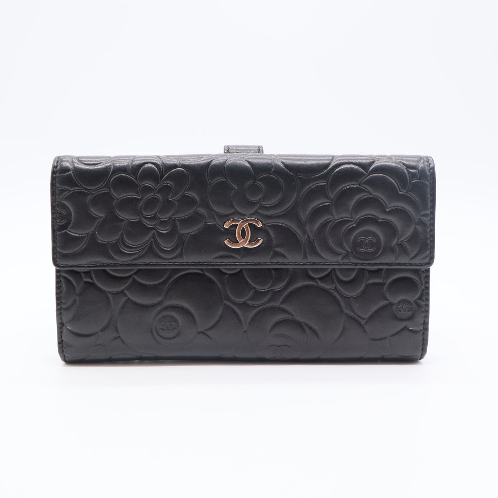 Black Leather Camellia Flap Wallet