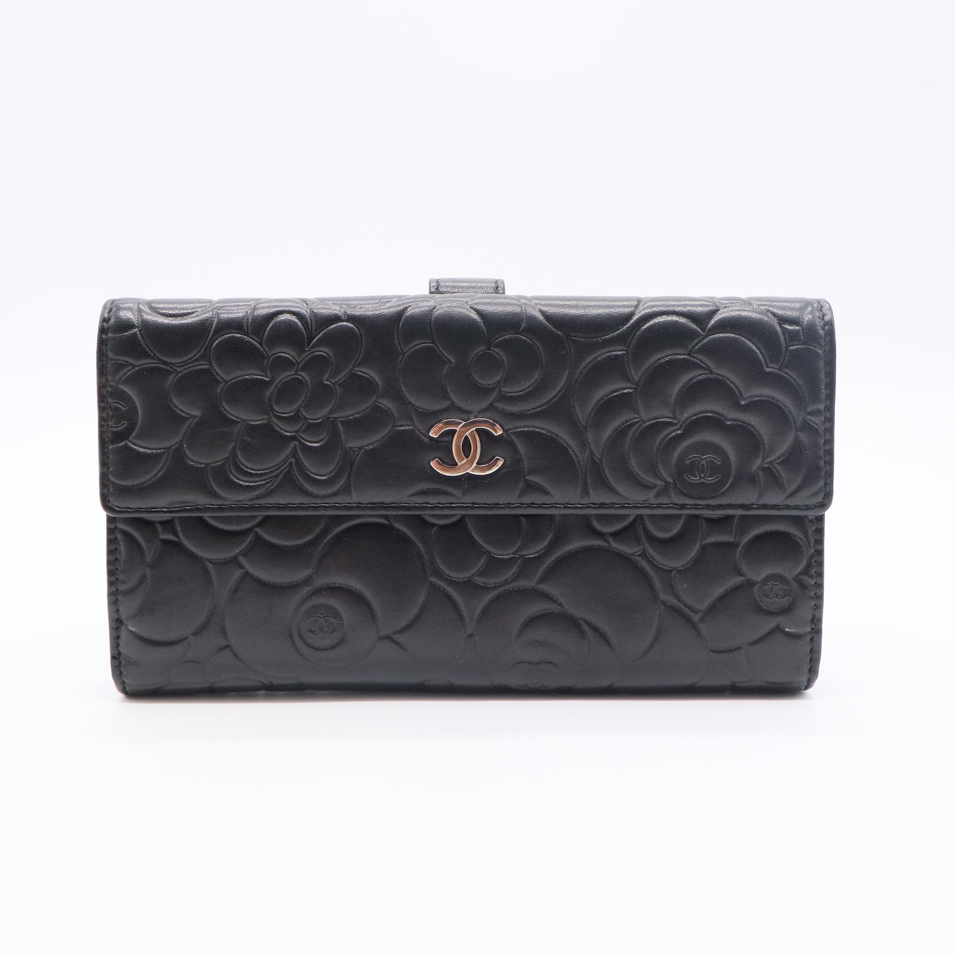Black Leather Camellia Flap Wallet