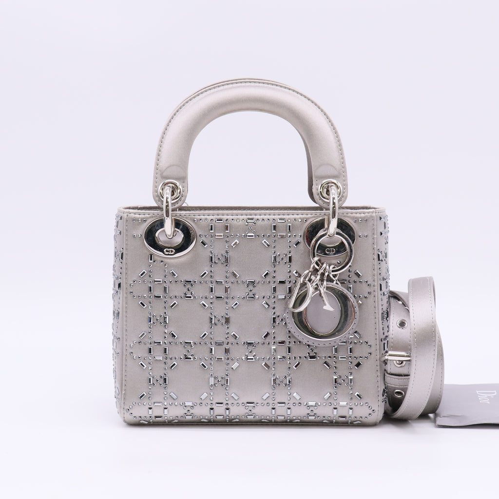 Christian Dior Mini Lady Dior Bag in Gray Strass Cannage Satin Twins LDJ5671