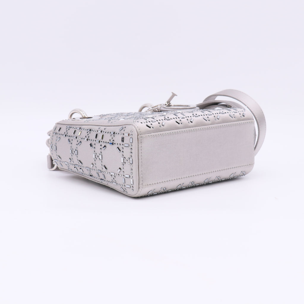 Christian Dior Mini Lady Dior Bag in Gray Strass Cannage Satin Twins LDJ5671