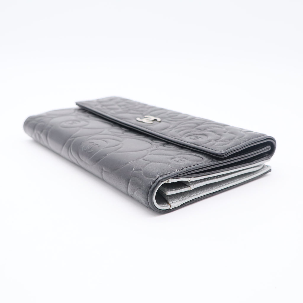 Black Leather Camellia Flap Wallet