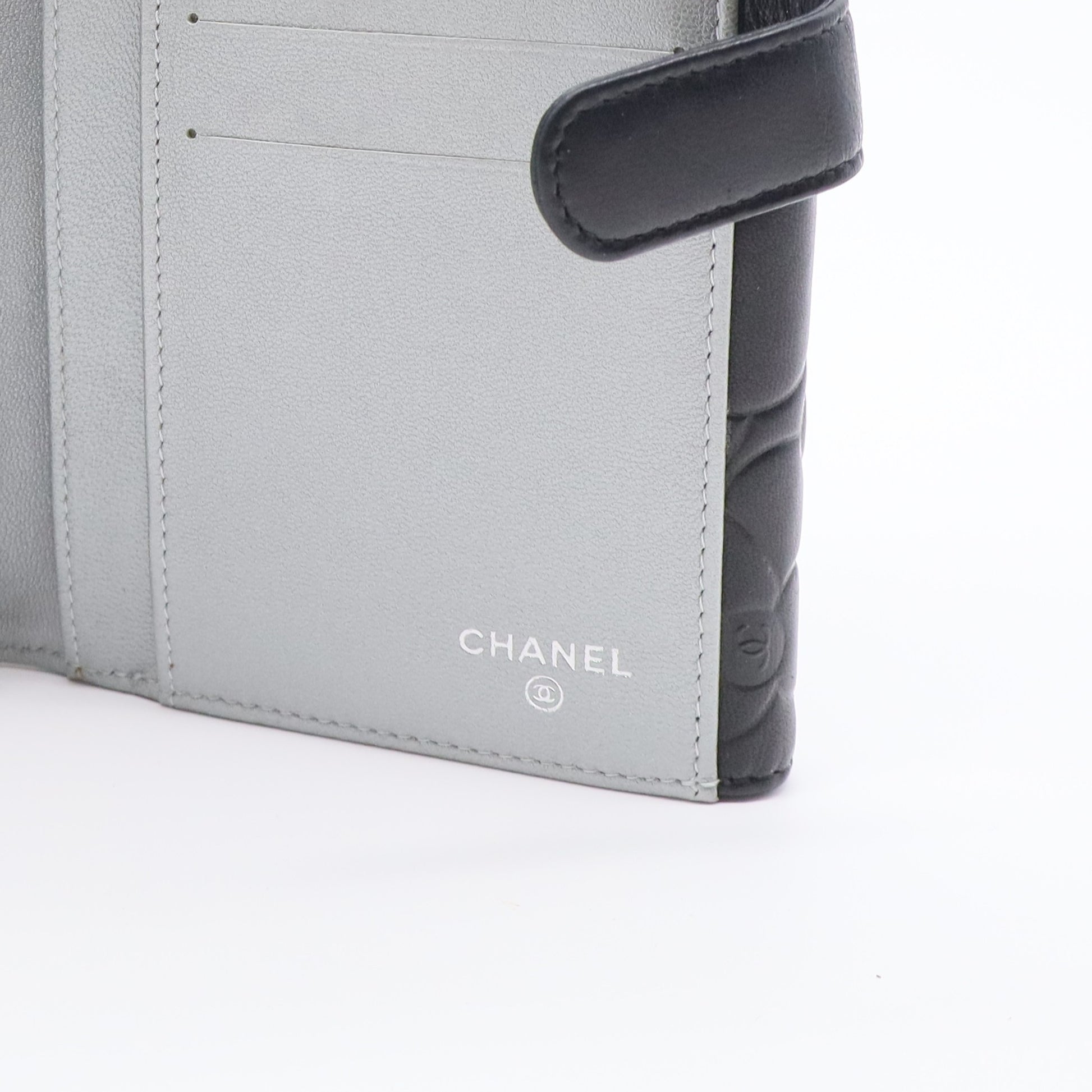 Black Leather Camellia Flap Wallet
