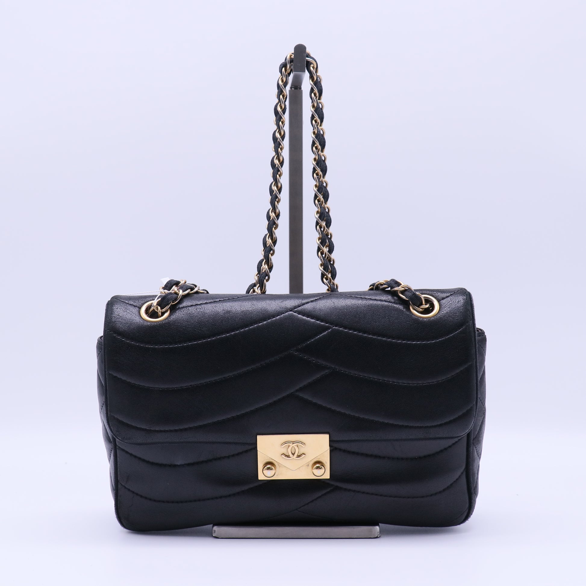 Chanel Lambskin Scallop Quilted Medium Pagoda Flap  Black Twins LDJ4234