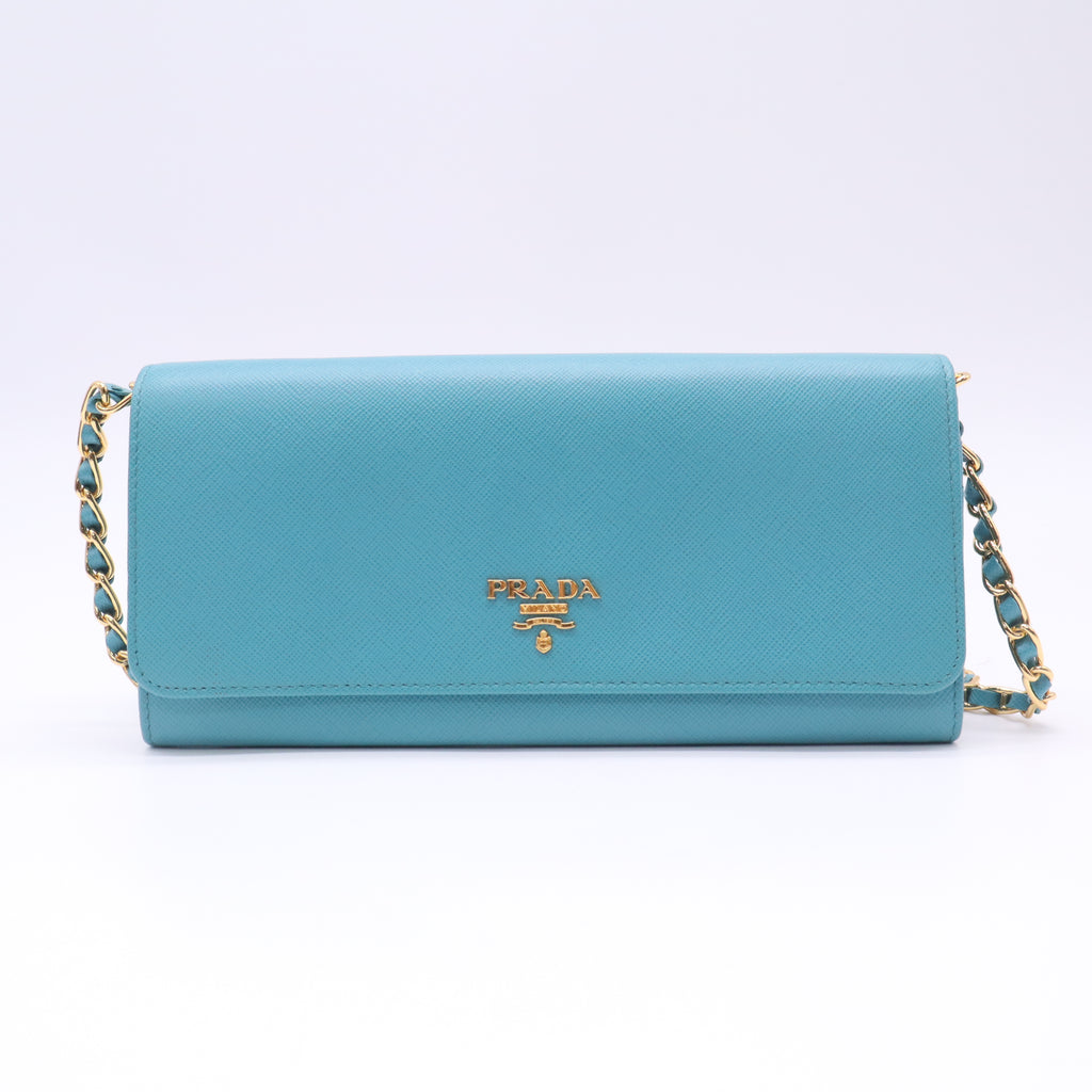 Prada Turquoise Saffiano Metal Leather Wallet on Chain Clutch Bag twins W22729